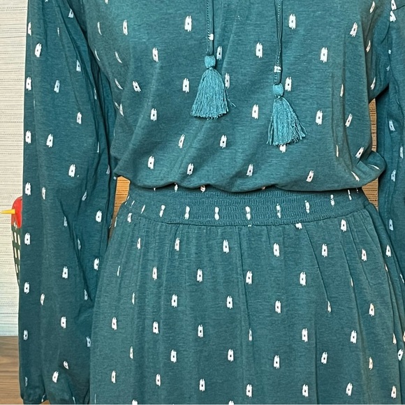 Garnet Hill Ruffled Split Neck Dress Size Small Long Sleeve Green Silver Cotton - Picture 4 of 8